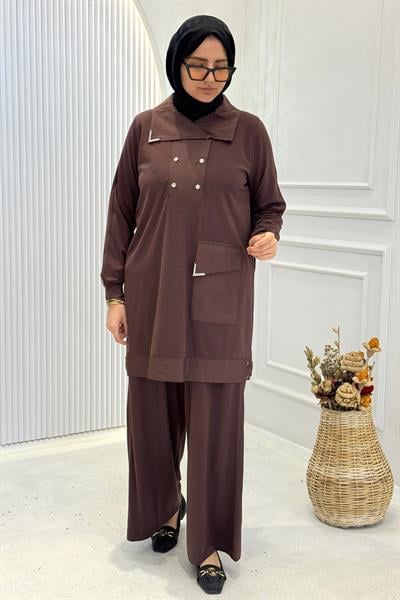Behrem Büyük Beden Tesettür Pantolonlu Takım Kahve OTW35143
