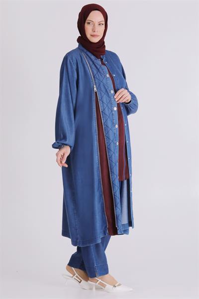 Behrem Büyük Beden Tesettür Pantolonlu Üçlü Tensel Takım Koyu Mavi OTW70020