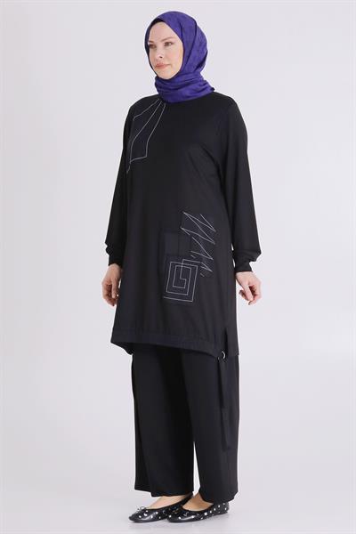Behrem Büyük Beden Tesettür Pantolonlu Takım Siyah OTW3557