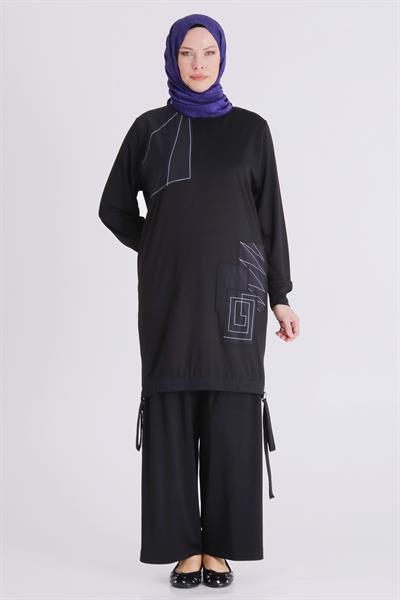 Behrem Büyük Beden Tesettür Pantolonlu Takım Siyah OTW3557