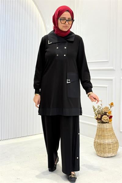 Behrem Büyük Beden Tesettür Pantolonlu Takım Siyah OTW35143
