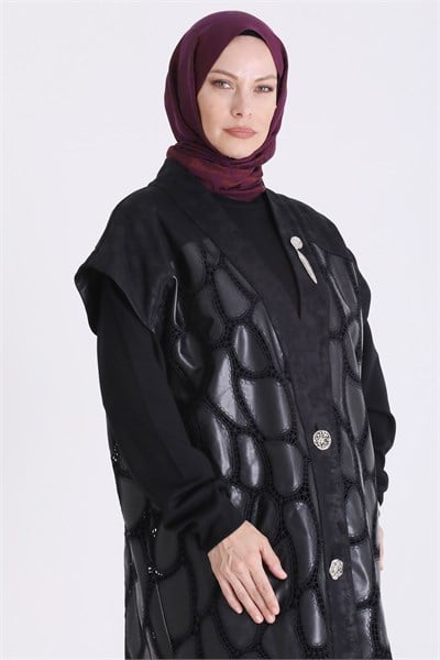 Behrem Büyük Beden Tesettür Pantolonlu Üçlü Takım Siyah OTW70023