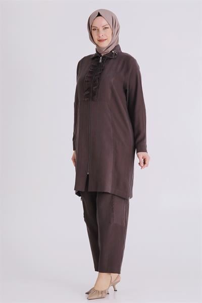 Behrem Büyük Beden Tesettür Pantolonlu Takım Kakao OTW35146