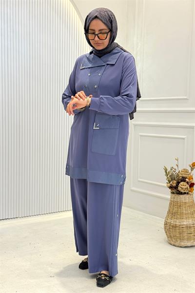 Behrem Büyük Beden Tesettür Pantolonlu Takım Morcivert OTW35143