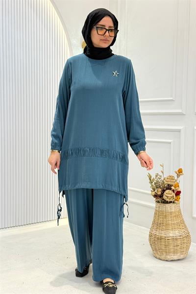 Behrem Büyük Beden Tesettür Pantolonlu Takım Petrol OTW3556
