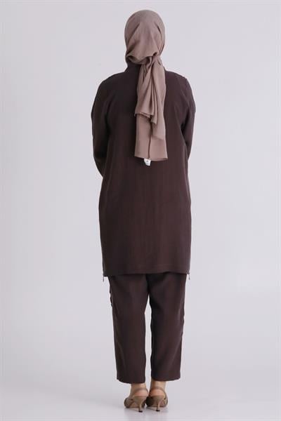 Behrem Büyük Beden Tesettür Pantolonlu Takım Kakao OTW35146
