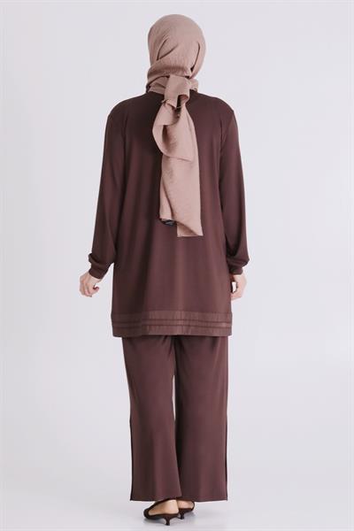 Behrem Büyük Beden Tesettür Pantolonlu Takım Kahve OTW3558