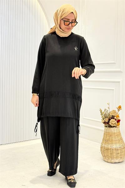Behrem Büyük Beden Tesettür Pantolonlu Takım Siyah OTW3556