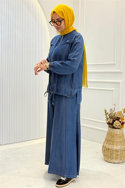 Behrem Büyük Beden Tesettür Pantolonlu Tensel Kot Takım Koyu Mavi OTW35141