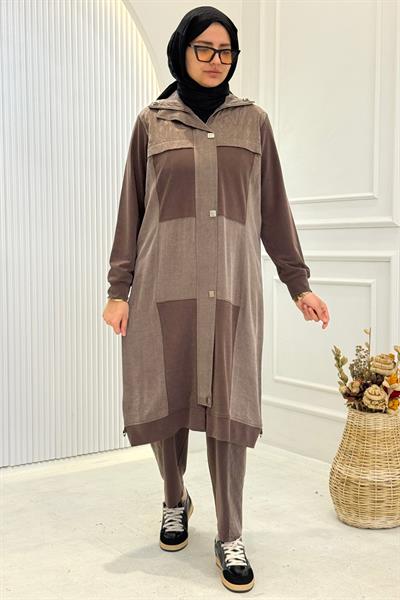 Behrem Büyük Beden Tesettür Pantolonlu Takım Kahve OTW35145