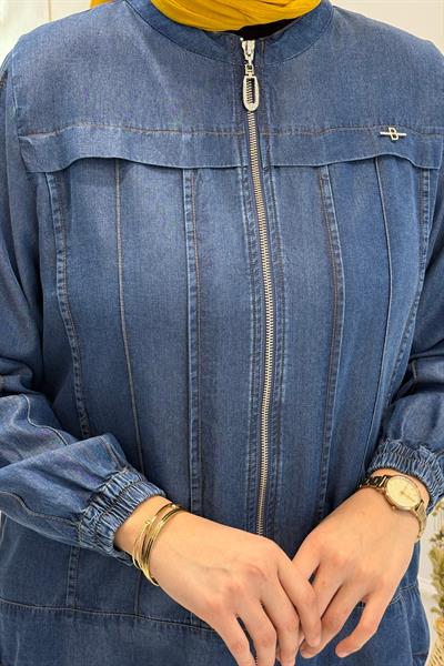 Behrem Büyük Beden Tesettür Pantolonlu Tensel Kot Takım Koyu Mavi OTW35141