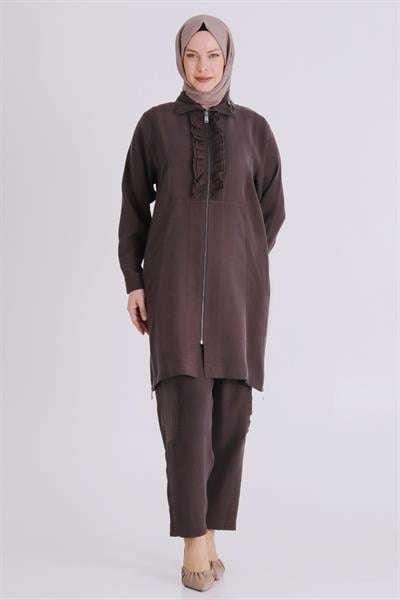Behrem Büyük Beden Tesettür Pantolonlu Takım Kakao OTW35146