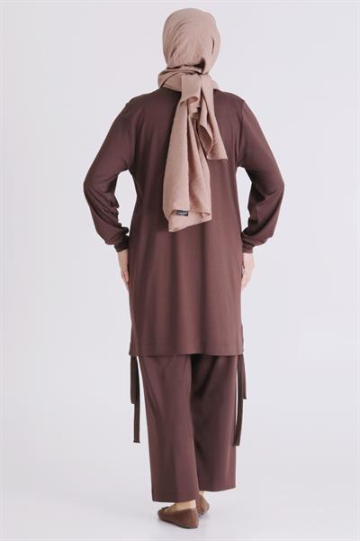 Behrem Büyük Beden Tesettür Pantolonlu Takım Kahve OTW3557