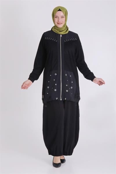 Behrem Büyük Beden Tesettür Pantolonlu Takım Siyah OTW70017