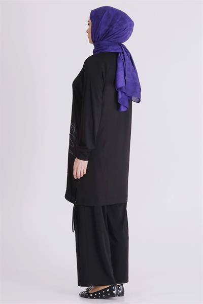 Behrem Büyük Beden Tesettür Pantolonlu Takım Siyah OTW3557