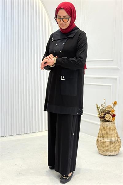 Behrem Büyük Beden Tesettür Pantolonlu Takım Siyah OTW35143