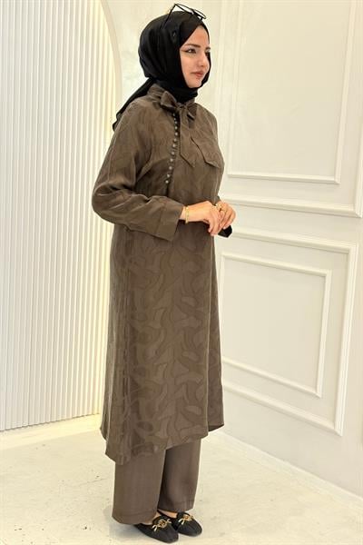 Behrem Büyük Beden Tesettür Pantolonlu Takım Koyu Vizon OTW35156