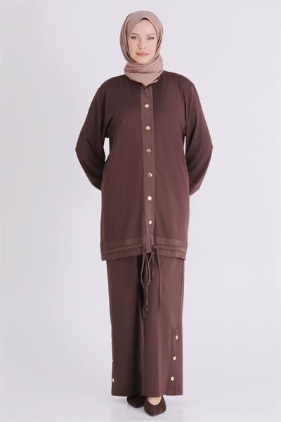 Behrem Büyük Beden Tesettür Pantolonlu Takım Kahve OTW3558