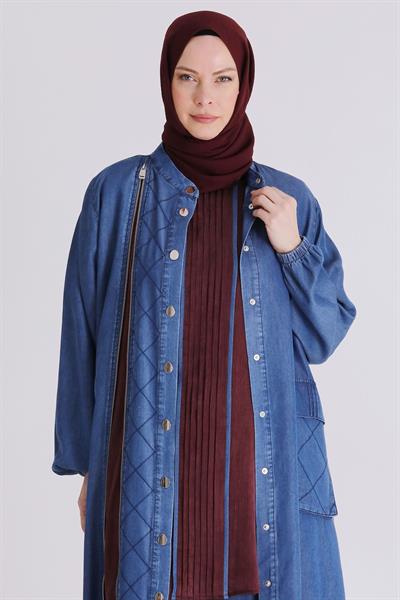 Behrem Büyük Beden Tesettür Pantolonlu Üçlü Tensel Takım Koyu Mavi OTW70020