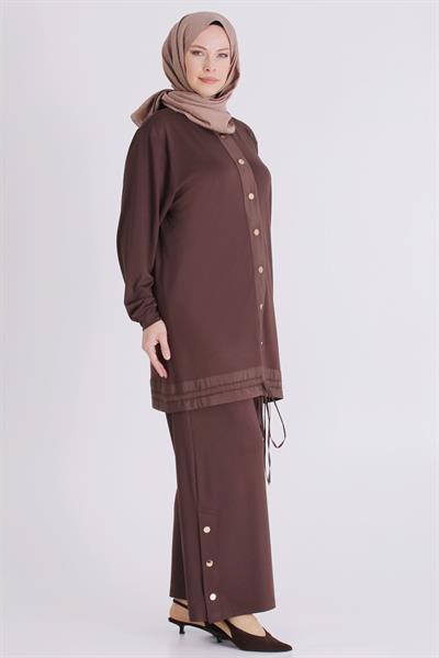 Behrem Büyük Beden Tesettür Pantolonlu Takım Kahve OTW3558