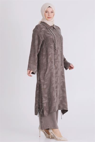 Behrem Büyük Beden Tesettür Pantolonlu Takım Koyu Vizon OTW35147