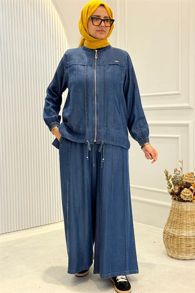 Behrem Büyük Beden Tesettür Pantolonlu Tensel Kot Takım Koyu Mavi OTW35141