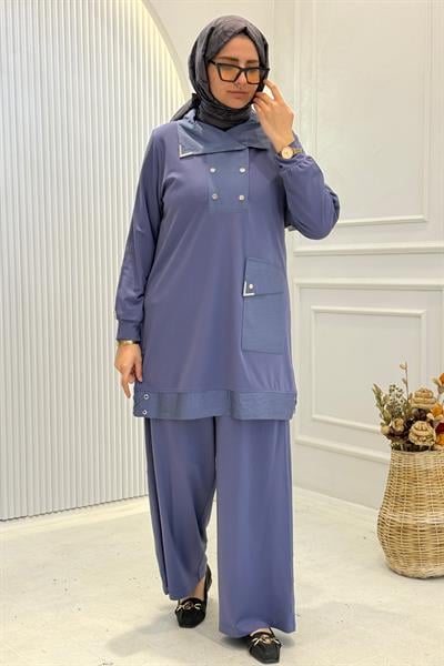 Behrem Büyük Beden Tesettür Pantolonlu Takım Morcivert OTW35143
