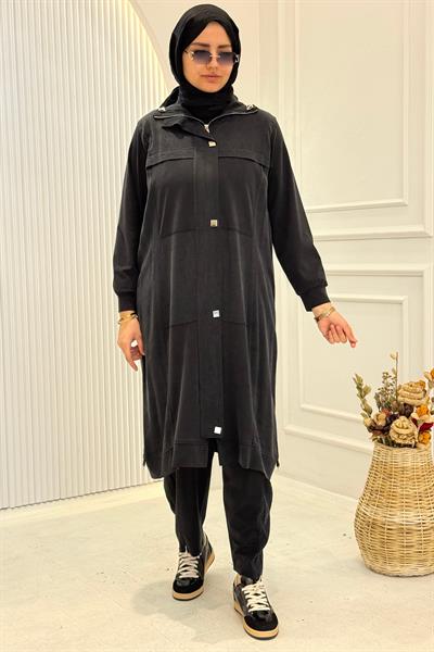 Behrem Büyük Beden Tesettür Pantolonlu Takım Siyah OTW35145
