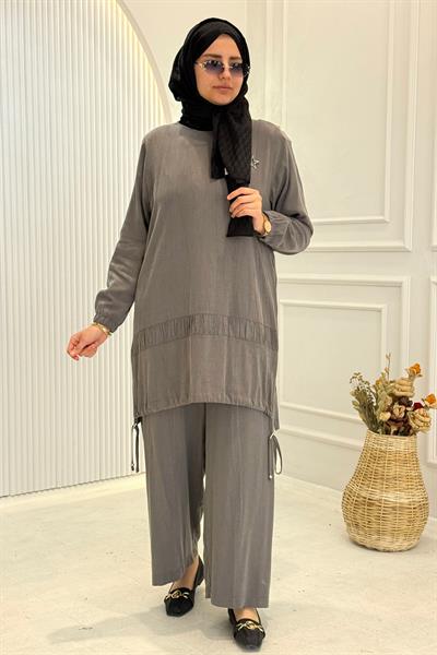 Behrem Büyük Beden Tesettür Pantolonlu Takım Duman Gri OTW3556