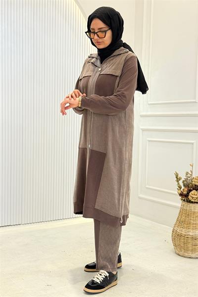 Behrem Büyük Beden Tesettür Pantolonlu Takım Kahve OTW35145