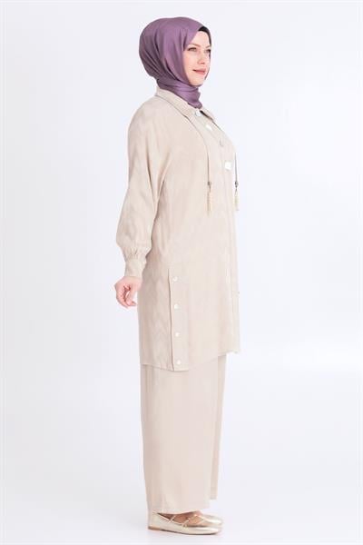 Behrem Büyük Beden Tesettür Pantolonlu Takım Bej OTW35117