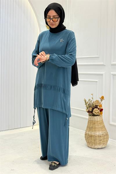 Behrem Büyük Beden Tesettür Pantolonlu Takım Petrol OTW3556