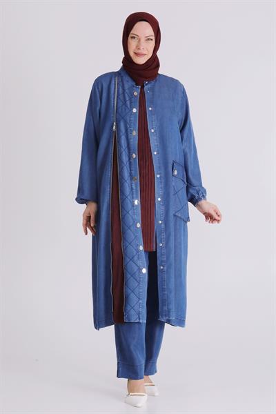 Behrem Büyük Beden Tesettür Pantolonlu Üçlü Tensel Takım Koyu Mavi OTW70020