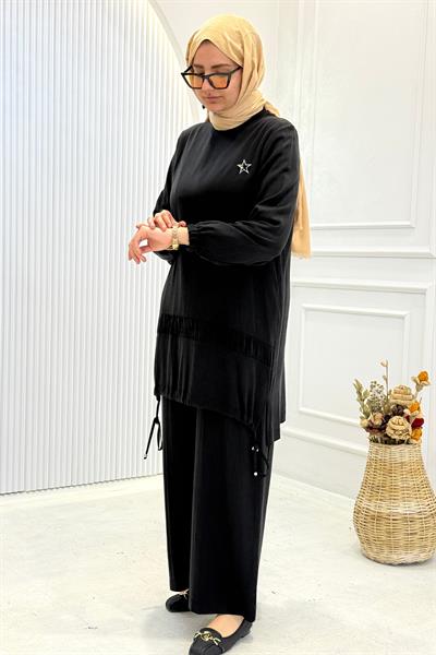 Behrem Büyük Beden Tesettür Pantolonlu Takım Siyah OTW3556