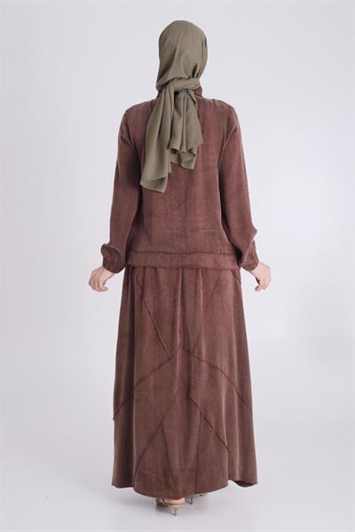 Behrem Büyük Beden Tesettür Qupra İpek Etekli Takım Kahve OTW35131