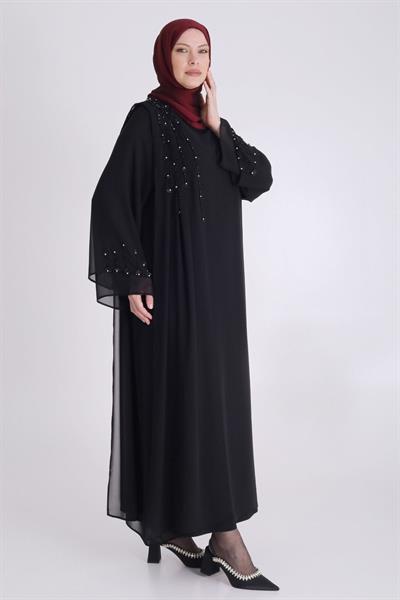 Behrem Büyük Beden Tesettür Şifon Kaplama Abiye Elbise Siyah OTW50026