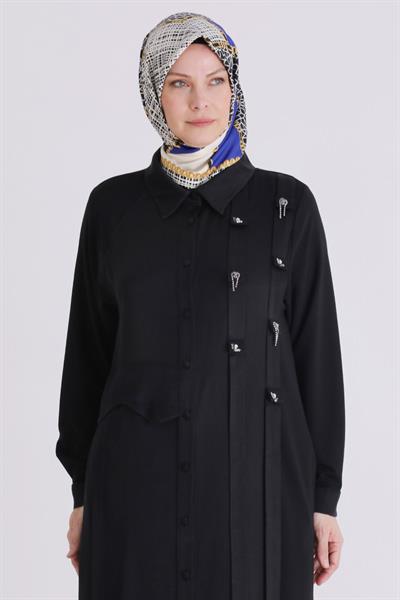 Behrem Büyük Beden Tesettür Taşlı Ferace Siyah OTW28080
