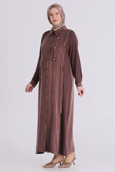 Behrem Büyük Beden Tesettür Taşlı Ferace Kahve OTW28080