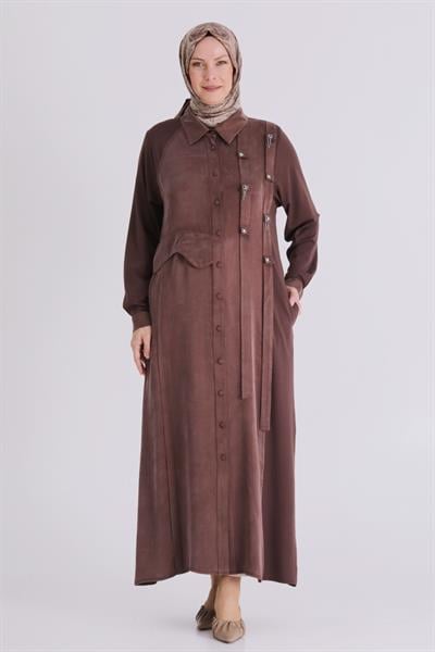 Behrem Büyük Beden Tesettür Taşlı Ferace Kahve OTW28080
