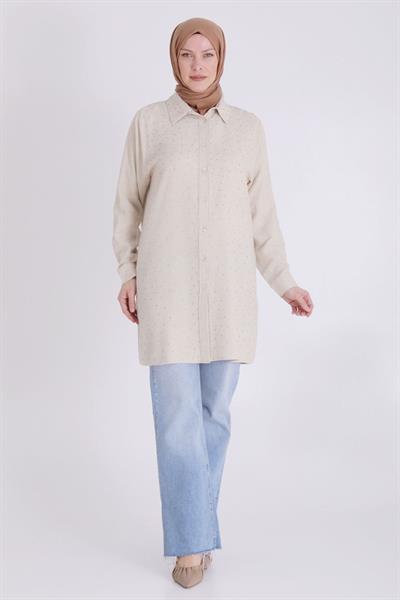BEHREM BÜYÜK BEDEN TESETTÜR TAŞLI TUNİK Bej OTW23033