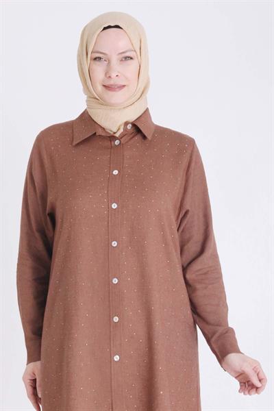 BEHREM BÜYÜK BEDEN TESETTÜR TAŞLI TUNİK Kahve OTW23033