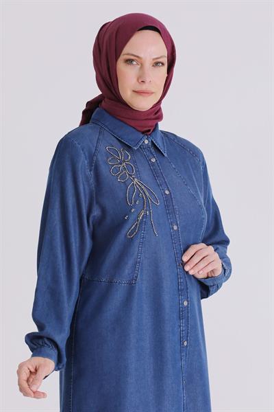 Behrem Büyük Beden Tesettür Tensel Kot Tunik Koyu Mavi OTW23034