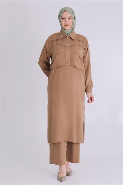 Behrem Büyük Beden Tesettür Tensel Pantolonlu Takım Karamel OTW3545