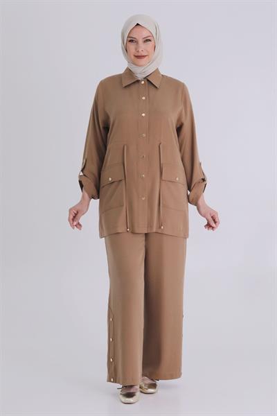 Behrem Büyük Beden Tesettür Tensel Pantolonlu Takım Karamel OTW3544