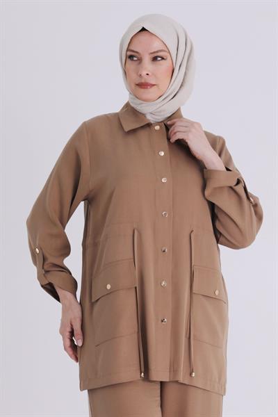 Behrem Büyük Beden Tesettür Tensel Pantolonlu Takım Karamel OTW3544