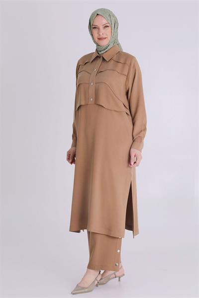 Behrem Büyük Beden Tesettür Tensel Pantolonlu Takım Karamel OTW3545
