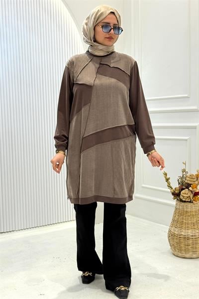 Behrem Büyük Beden Tesettür Tunik Kahve OTW20137