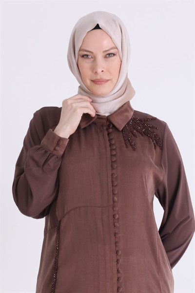 Behrem Büyük Beden Tesettür Tunik Kahve OTW23042