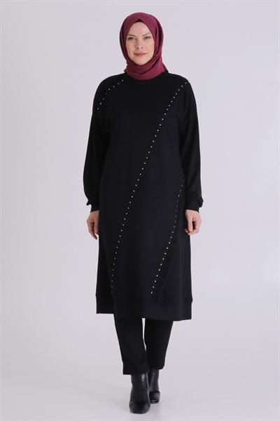 Behrem Büyük Beden Uzun Tunik Siyah OTW2066