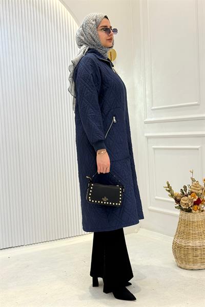 Behrem Cepli Fermuarlı Kapitone Büyük Beden Kap Lacivert OTW2551